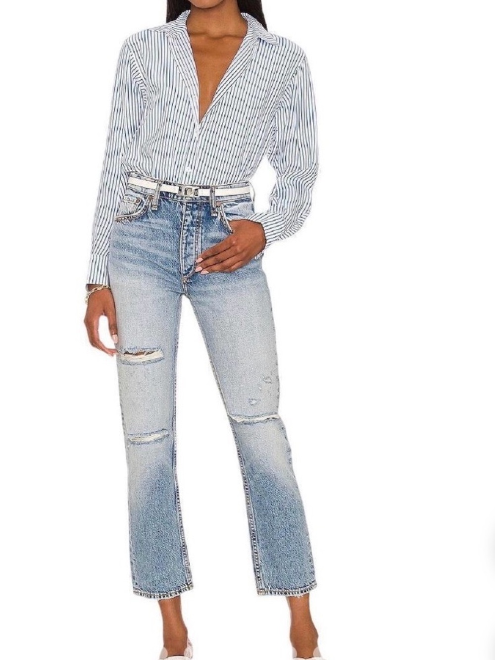Rag & Bone Light Wash Distressed Women's Straight Jeans - Light Blue